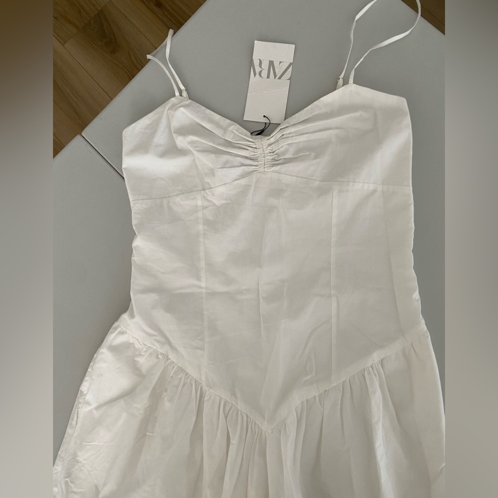 Zara White Cotton Maxi Strappy Gabardine Dress V Neck Flounced hem size XS NWT - Picture 13 of 16